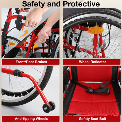 Collage of bicycle safety features including front/rear brakes, wheel reflector, anti-tipping wheels, and safety seat belt#color_red