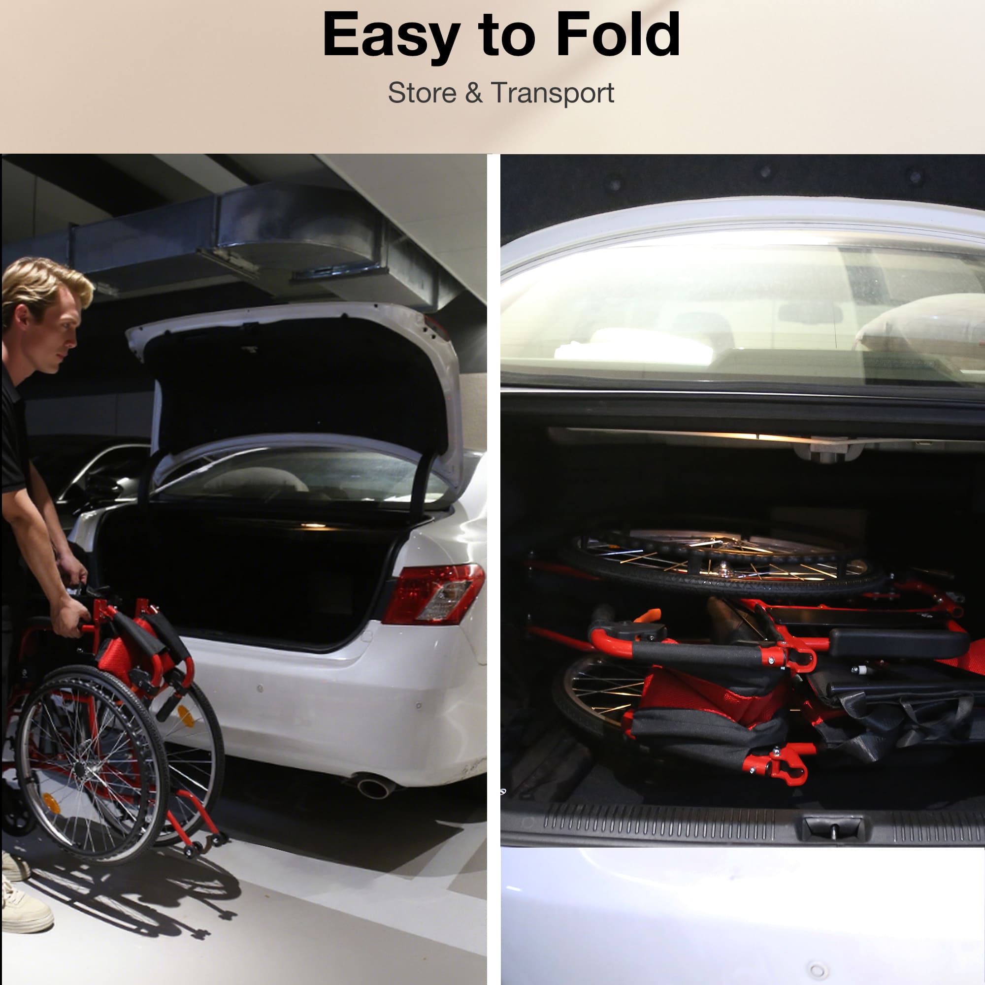  folding a wheelchair and placing it into a car trunk#color_red