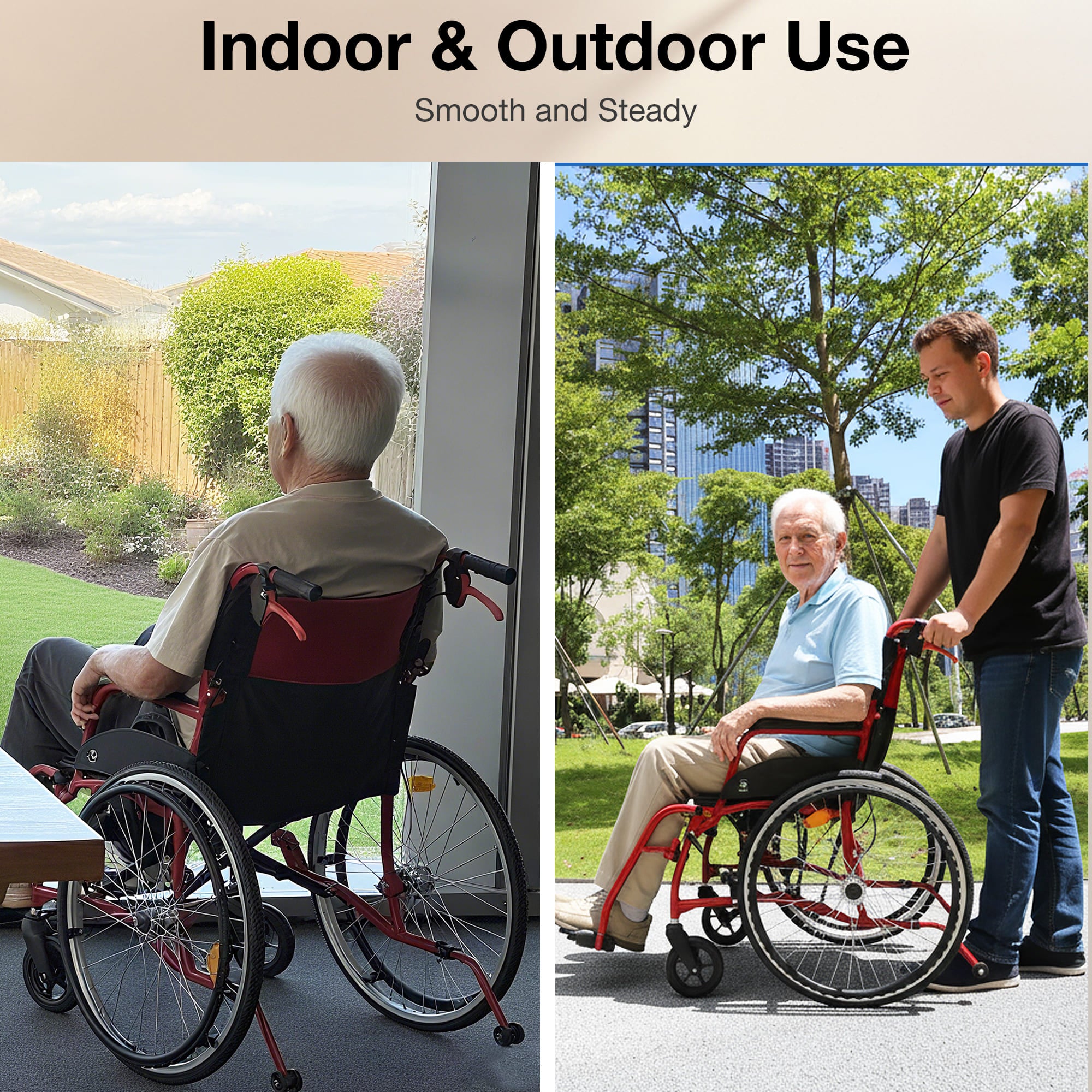 Two images showing a person using a wheelchair indoors and outdoors#color_red