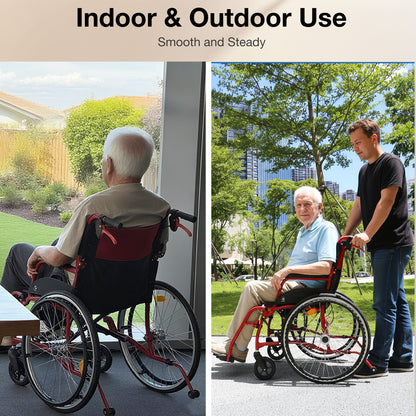 Two images showing a person using a wheelchair indoors and outdoors#color_red