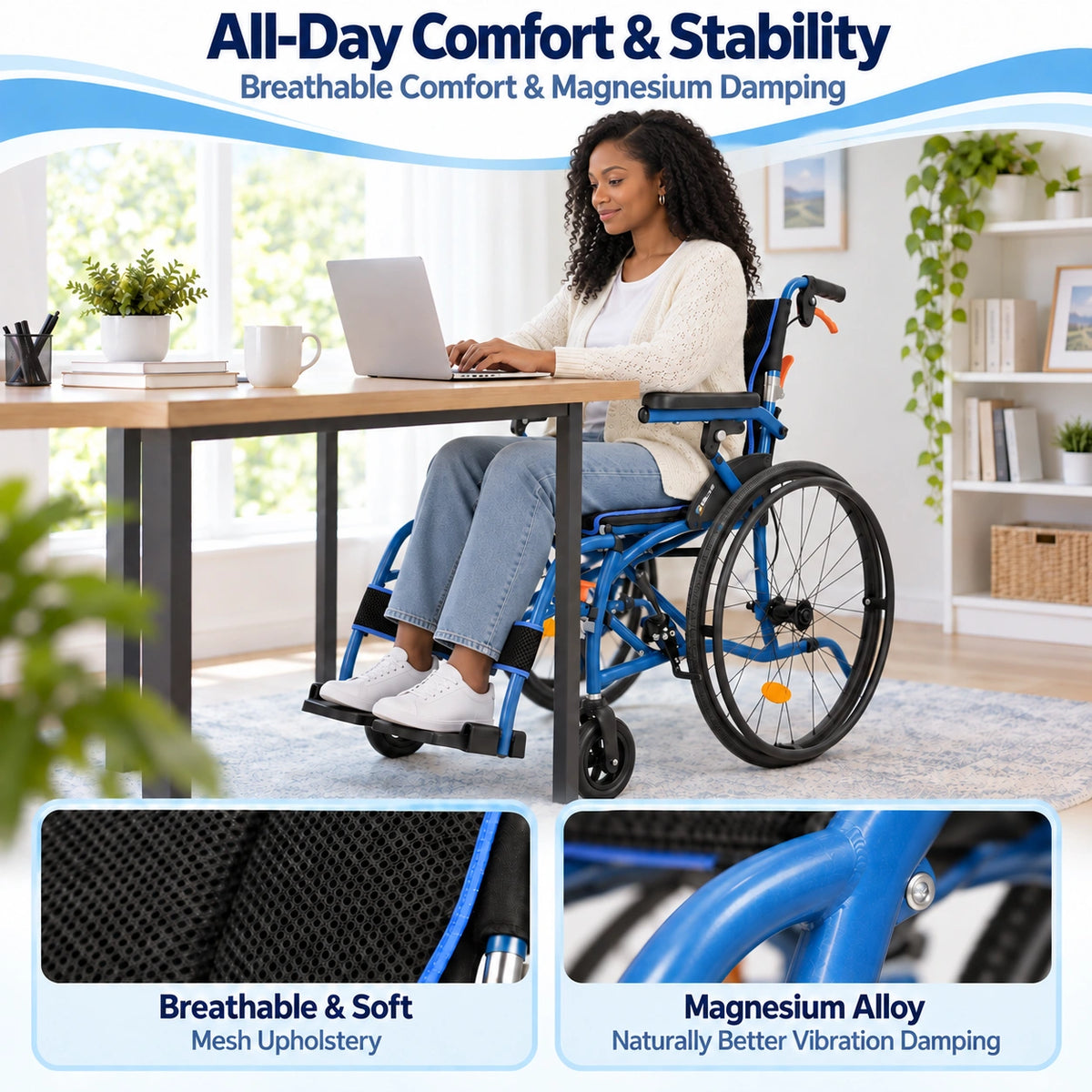 Magnesium Folding Wheelchairs for Adults, 24lb Ultra Lightweight Wheelchair