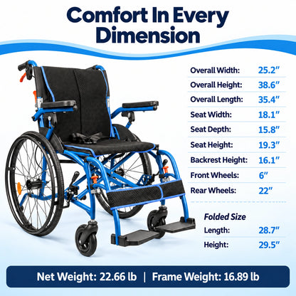 Magnesium Folding Wheelchairs for Adults, 24lb Ultra Lightweight Wheelchair