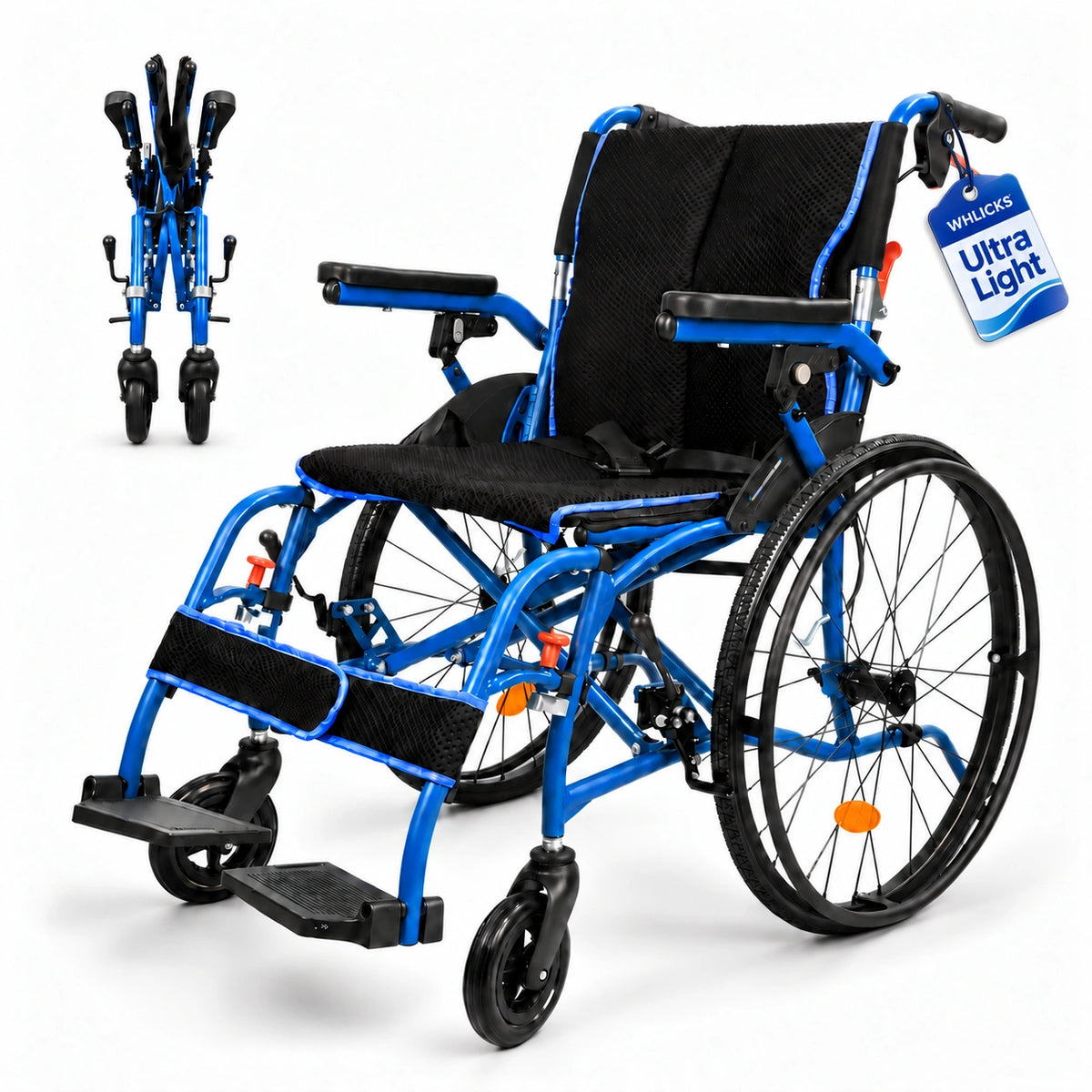 WHLICKS blue magnesium manual wheelchair with black mesh seating, shown unfolded and folded for storage.