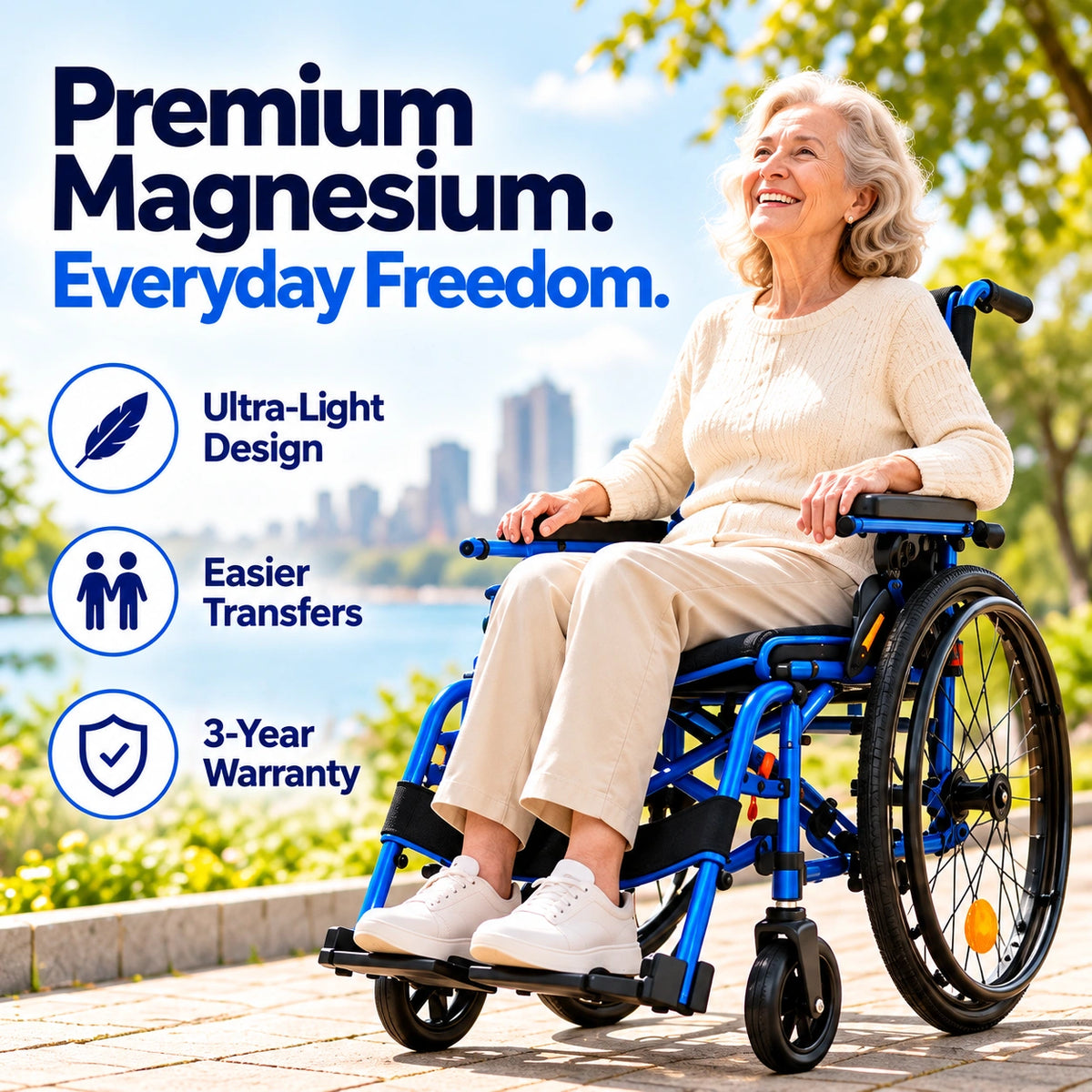 A woman using a WHLICKS blue magnesium wheelchair on a sunny outdoor path, with a companion behind her.