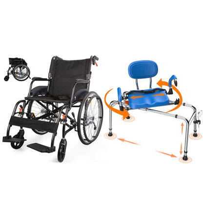 black wheelchair and a shower chair