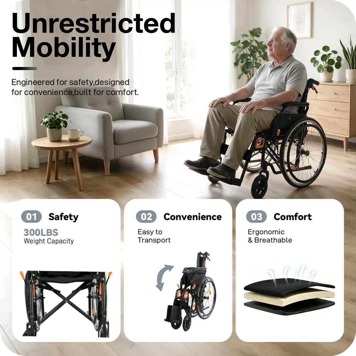 Manual Wheelchair for Adults with Quick-Release 24" Rear Wheels