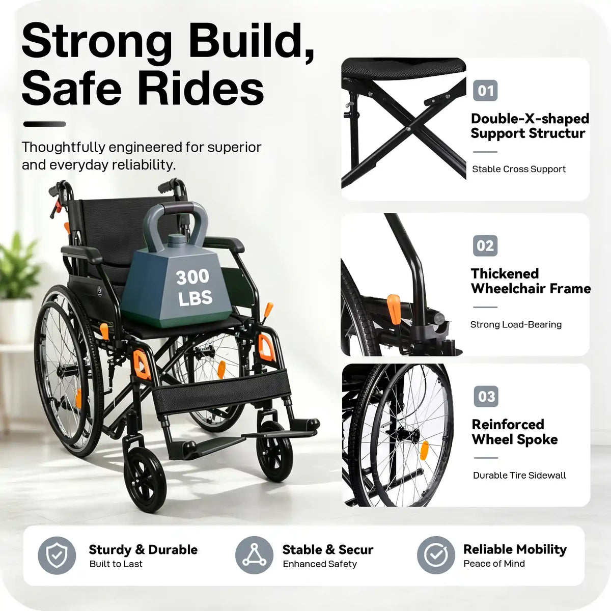 Manual Wheelchair for Adults with Quick-Release 24" Rear Wheels