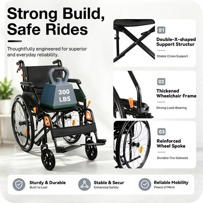 Manual Wheelchair for Adults with Quick-Release 24" Rear Wheels