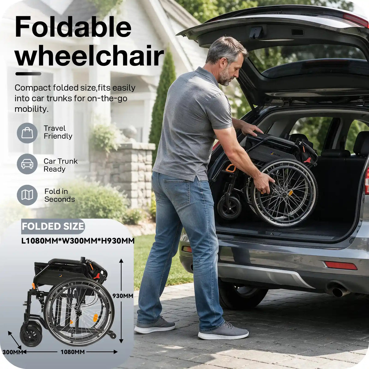 Manual Wheelchair for Adults with Quick-Release 24" Rear Wheels