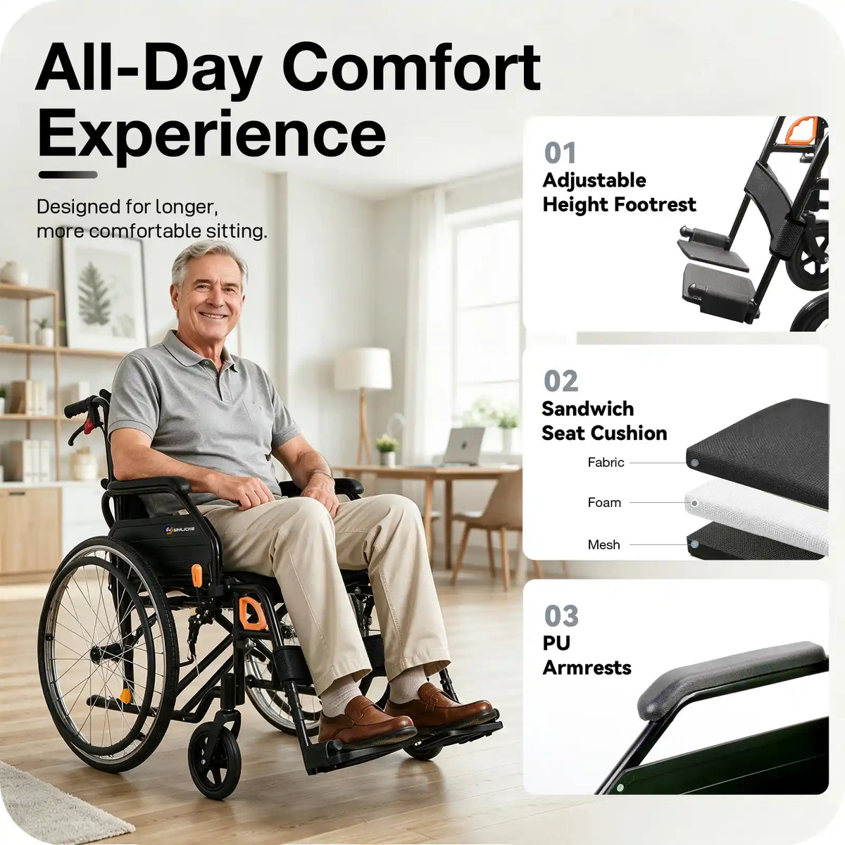 Manual Wheelchair for Adults with Quick-Release 24" Rear Wheels
