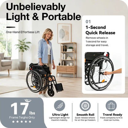 Manual Wheelchair for Adults with Quick-Release 24" Rear Wheels