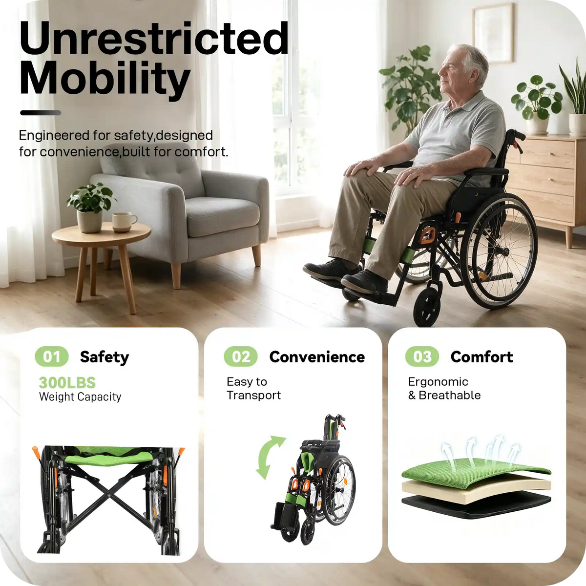 Manual Wheelchair for Adults with Quick-Release 24" Rear Wheels