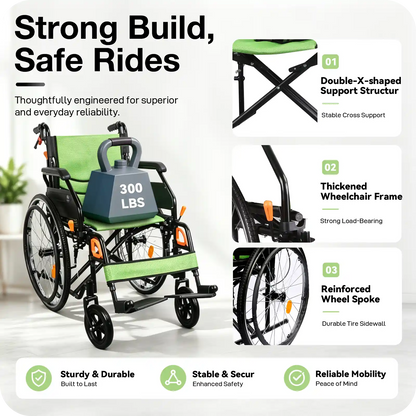 Manual Wheelchair for Adults with Quick-Release 24" Rear Wheels