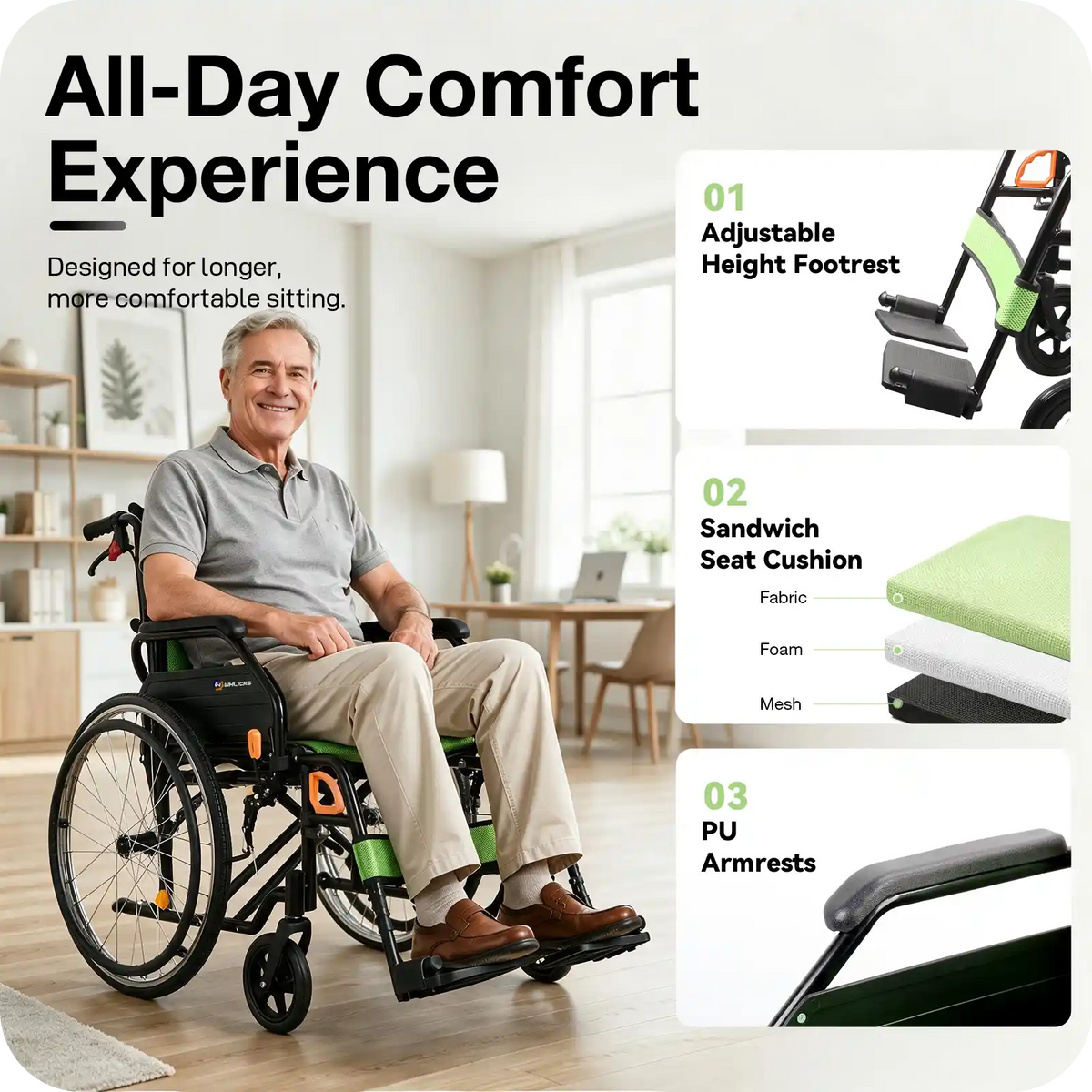 Manual Wheelchair for Adults with Quick-Release 24" Rear Wheels