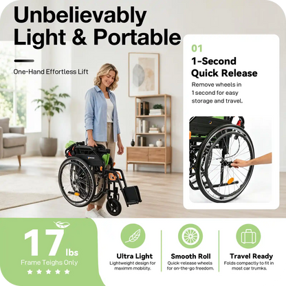 Manual Wheelchair for Adults with Quick-Release 24" Rear Wheels
