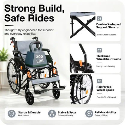 Manual Wheelchair for Adults with Quick-Release 24" Rear Wheels