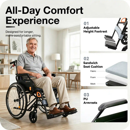 Manual Wheelchair for Adults with Quick-Release 24" Rear Wheels