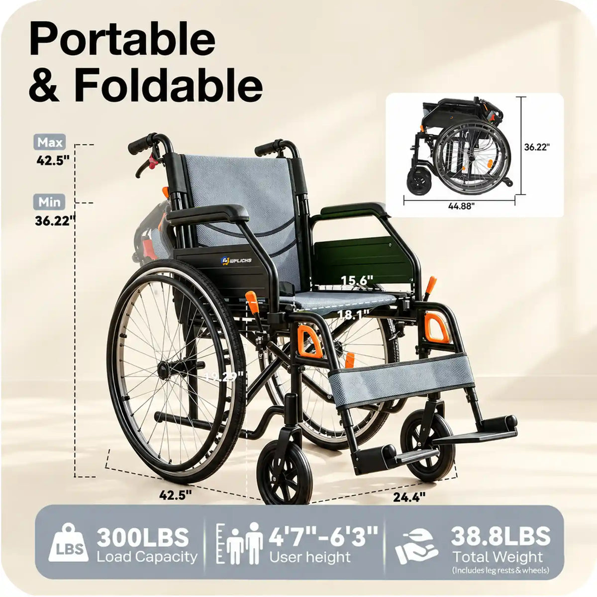 Manual Wheelchair for Adults with Quick-Release 24" Rear Wheels