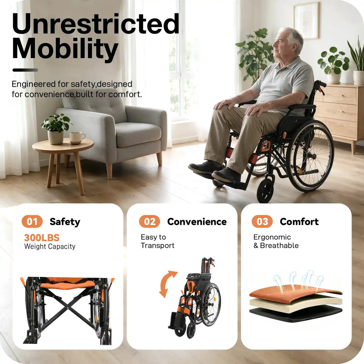 Manual Wheelchair for Adults with Quick-Release 24" Rear Wheels