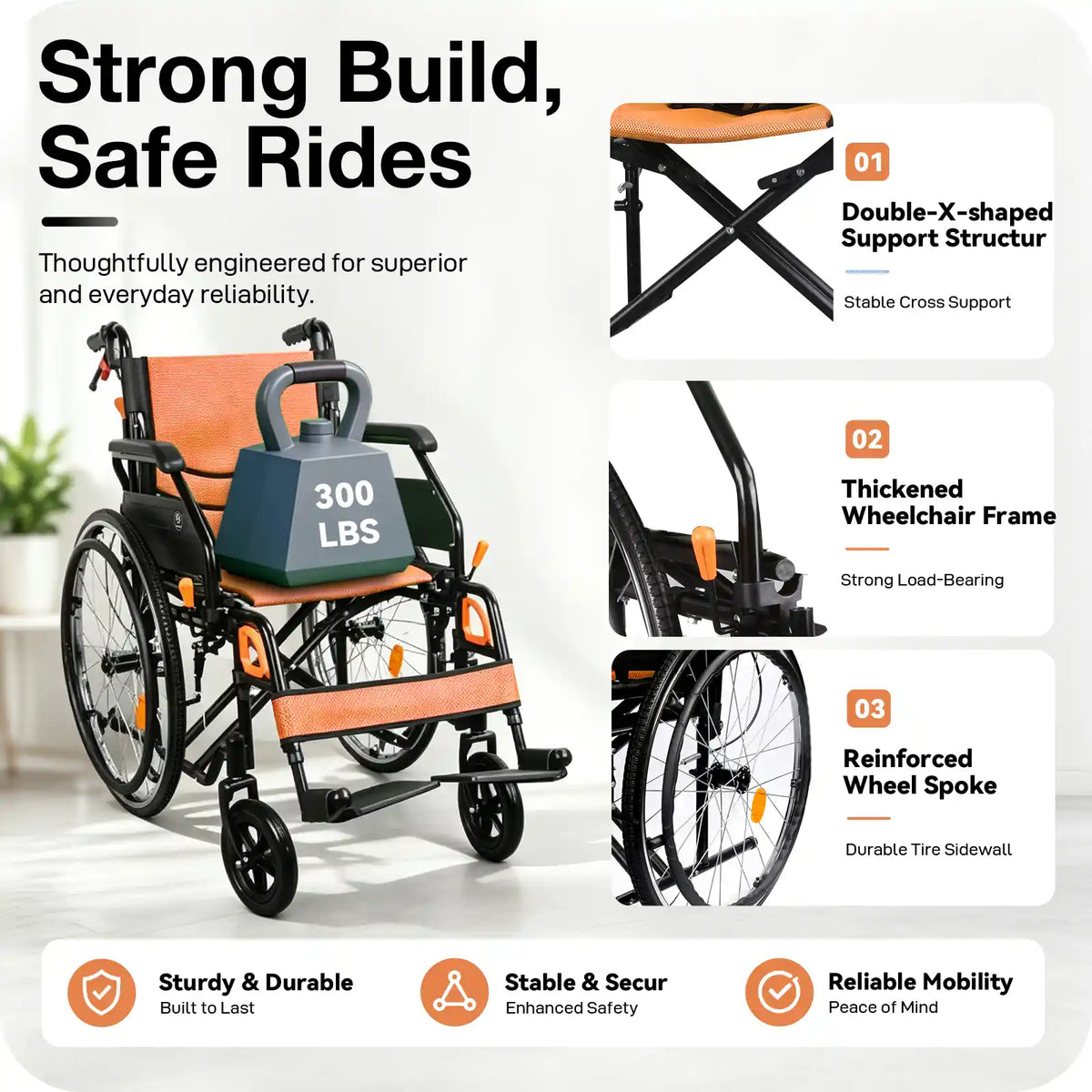 Manual Wheelchair for Adults with Quick-Release 24" Rear Wheels