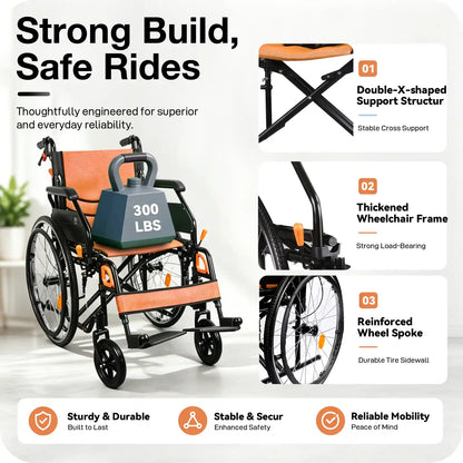 Manual Wheelchair for Adults with Quick-Release 24" Rear Wheels
