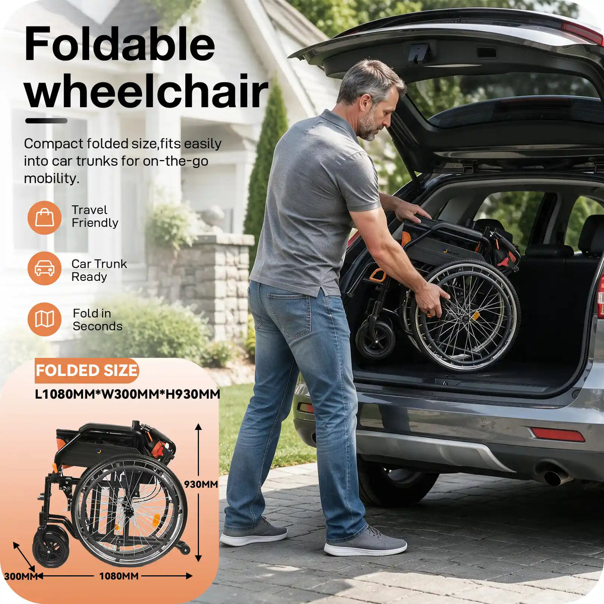 Manual Wheelchair for Adults with Quick-Release 24" Rear Wheels
