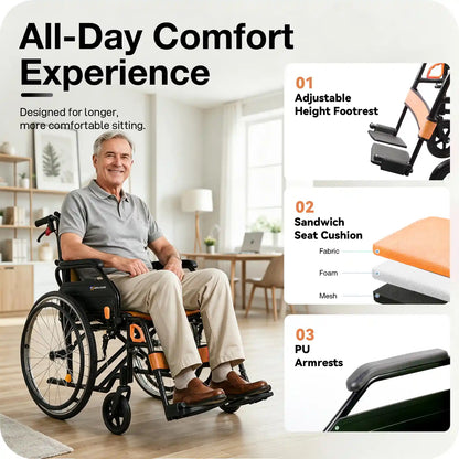 Manual Wheelchair for Adults with Quick-Release 24" Rear Wheels