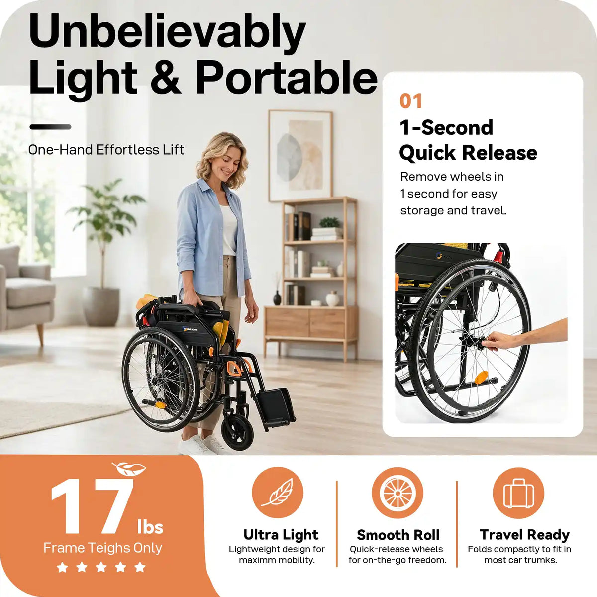 Manual Wheelchair for Adults with Quick-Release 24" Rear Wheels