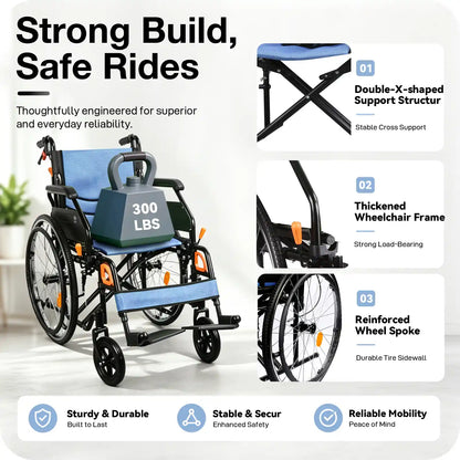 Manual Wheelchair for Adults with Quick-Release 24" Rear Wheels