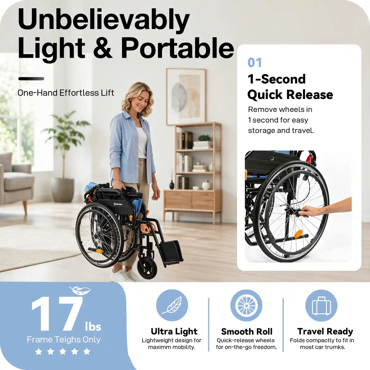 Manual Wheelchair for Adults with Quick-Release 24" Rear Wheels