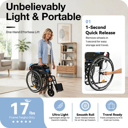 Manual Wheelchair for Adults with Quick-Release 24" Rear Wheels