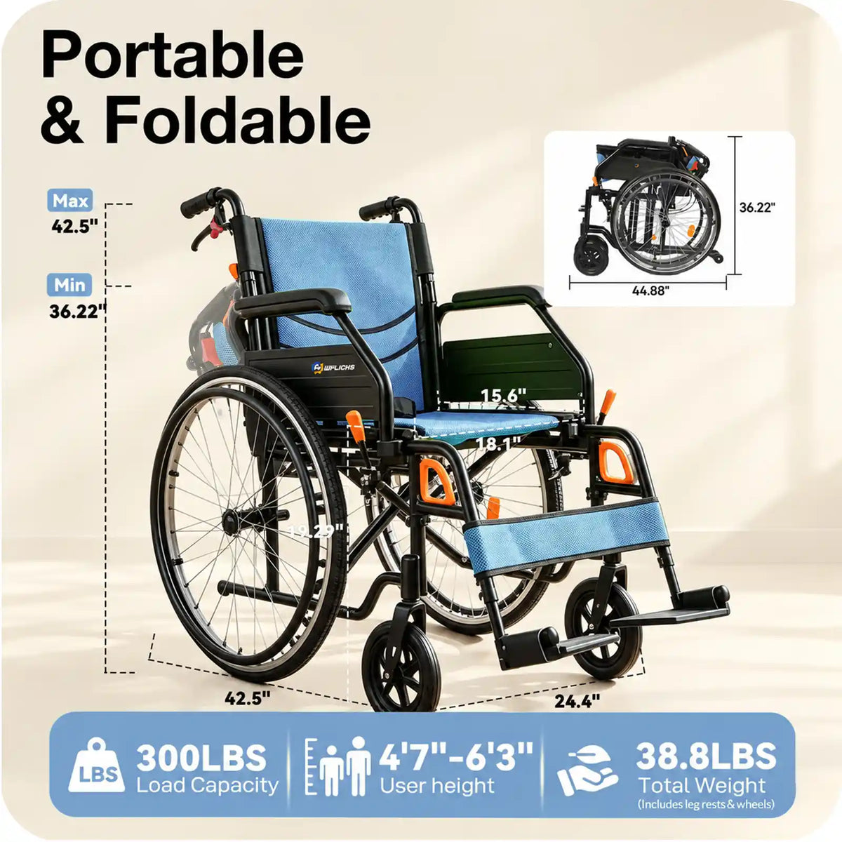 Manual Wheelchair for Adults with Quick-Release 24" Rear Wheels