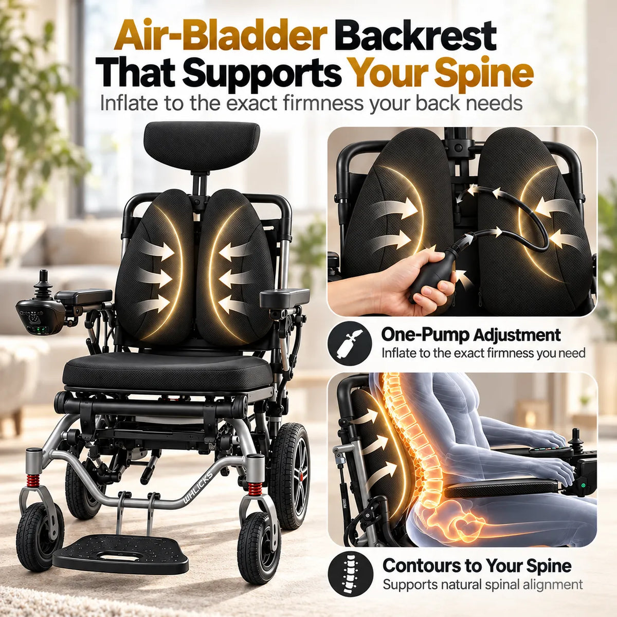 Reclining Electric Wheelchair with Adjustable Backrest & Inflatable Lumbar Support