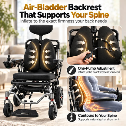 Reclining Electric Wheelchair with Adjustable Backrest & Inflatable Lumbar Support