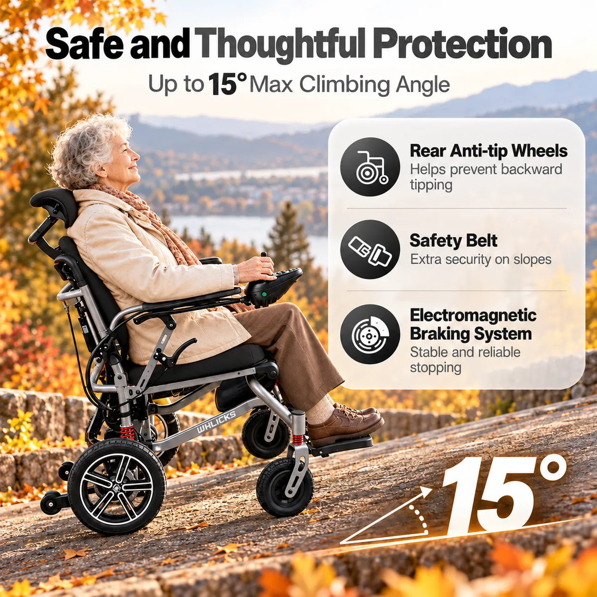 Reclining Electric Wheelchair with Adjustable Backrest & Inflatable Lumbar Support