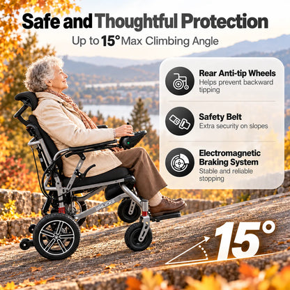 Reclining Electric Wheelchair with Adjustable Backrest & Inflatable Lumbar Support