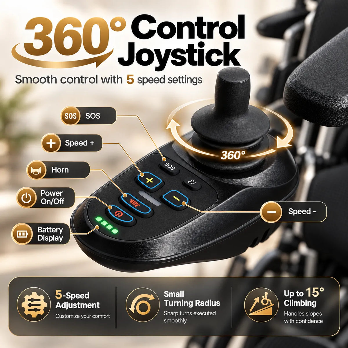 Reclining Electric Wheelchair with Adjustable Backrest & Inflatable Lumbar Support