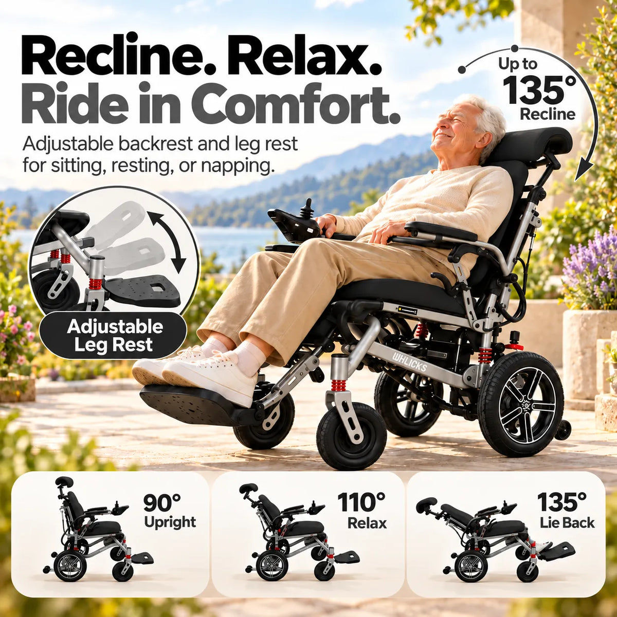 Reclining Electric Wheelchair with Adjustable Backrest & Inflatable Lumbar Support