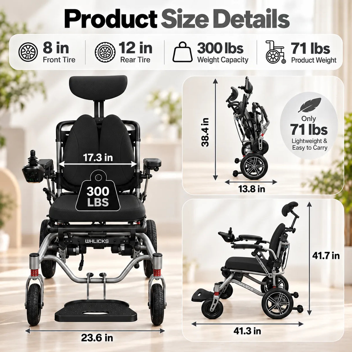 Reclining Electric Wheelchair with Adjustable Backrest & Inflatable Lumbar Support