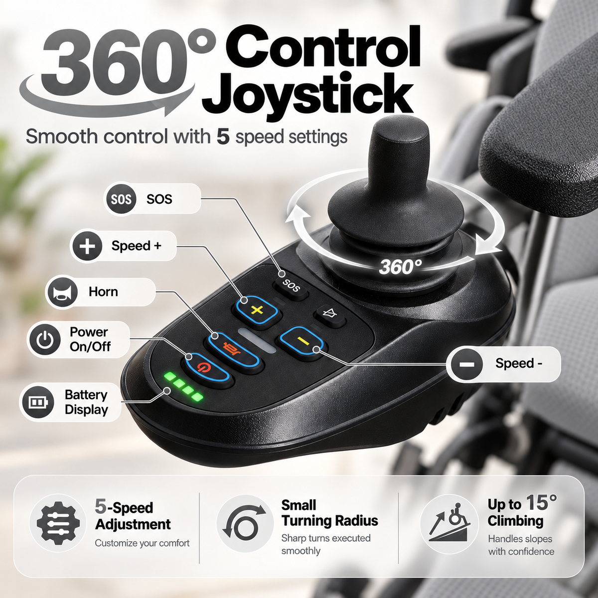 Reclining Electric Wheelchair with Adjustable Backrest & Inflatable Lumbar Support