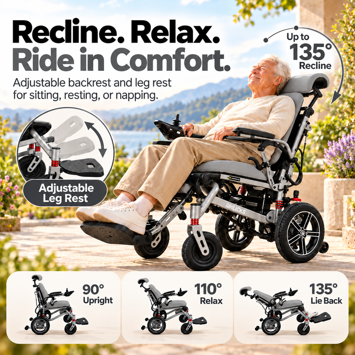 Reclining Electric Wheelchair with Adjustable Backrest & Inflatable Lumbar Support