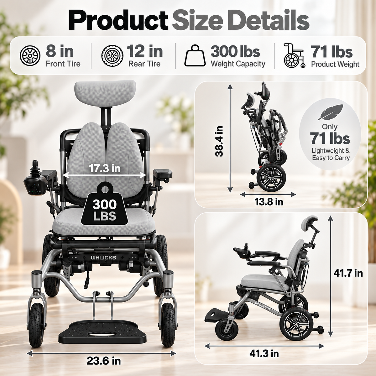 Reclining Electric Wheelchair with Adjustable Backrest & Inflatable Lumbar Support