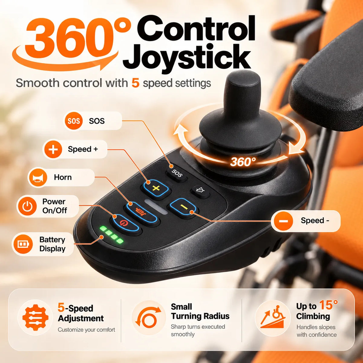 Reclining Electric Wheelchair with Adjustable Backrest & Inflatable Lumbar Support