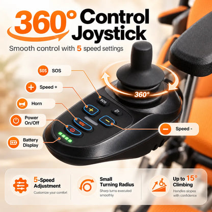Reclining Electric Wheelchair with Adjustable Backrest & Inflatable Lumbar Support