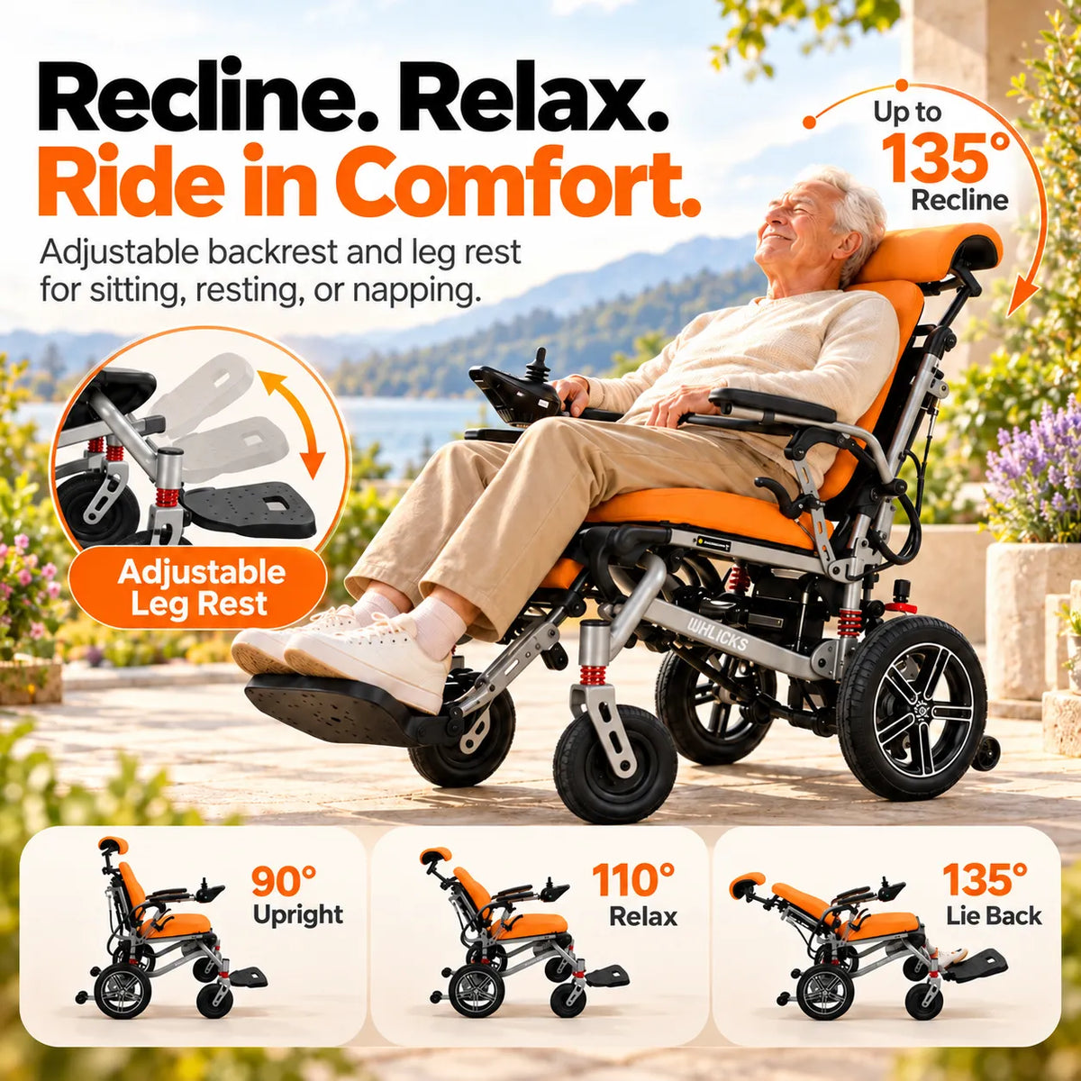 Reclining Electric Wheelchair with Adjustable Backrest & Inflatable Lumbar Support