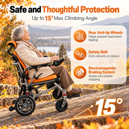 Reclining Electric Wheelchair with Adjustable Backrest & Inflatable Lumbar Support