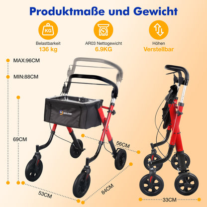 Lightweight Rollator Walker with Soft Wheels & Adjustable Height