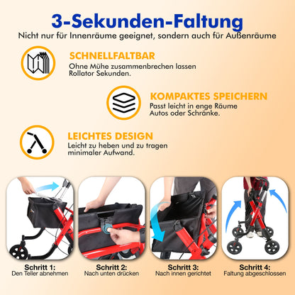 Lightweight Rollator Walker with Soft Wheels & Adjustable Height