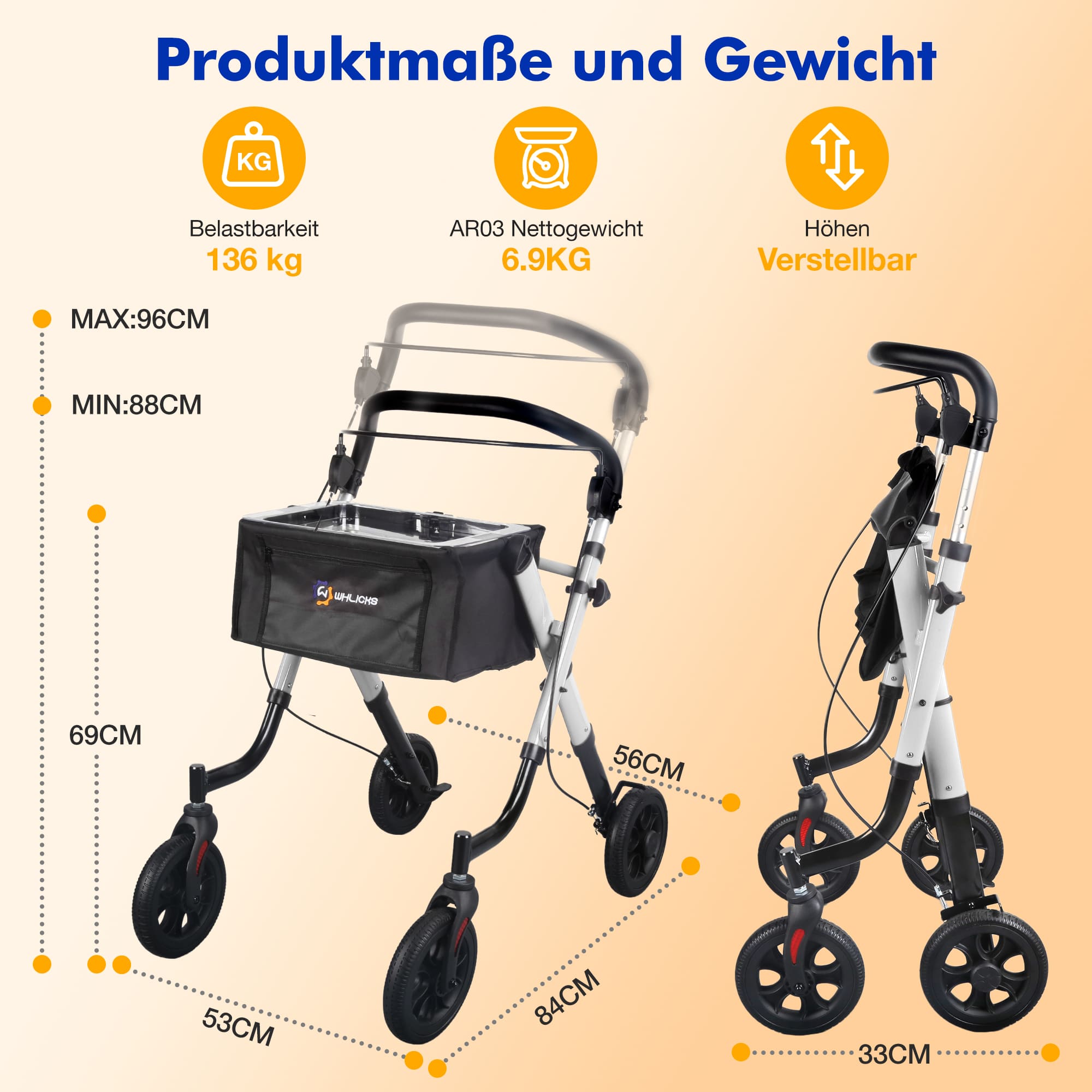 Lightweight Rollator Walker with Soft Wheels & Adjustable Height