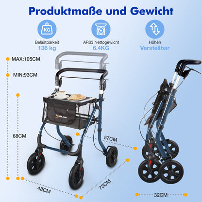 Lightweight Rollator Walker with Soft Wheels & Adjustable Height